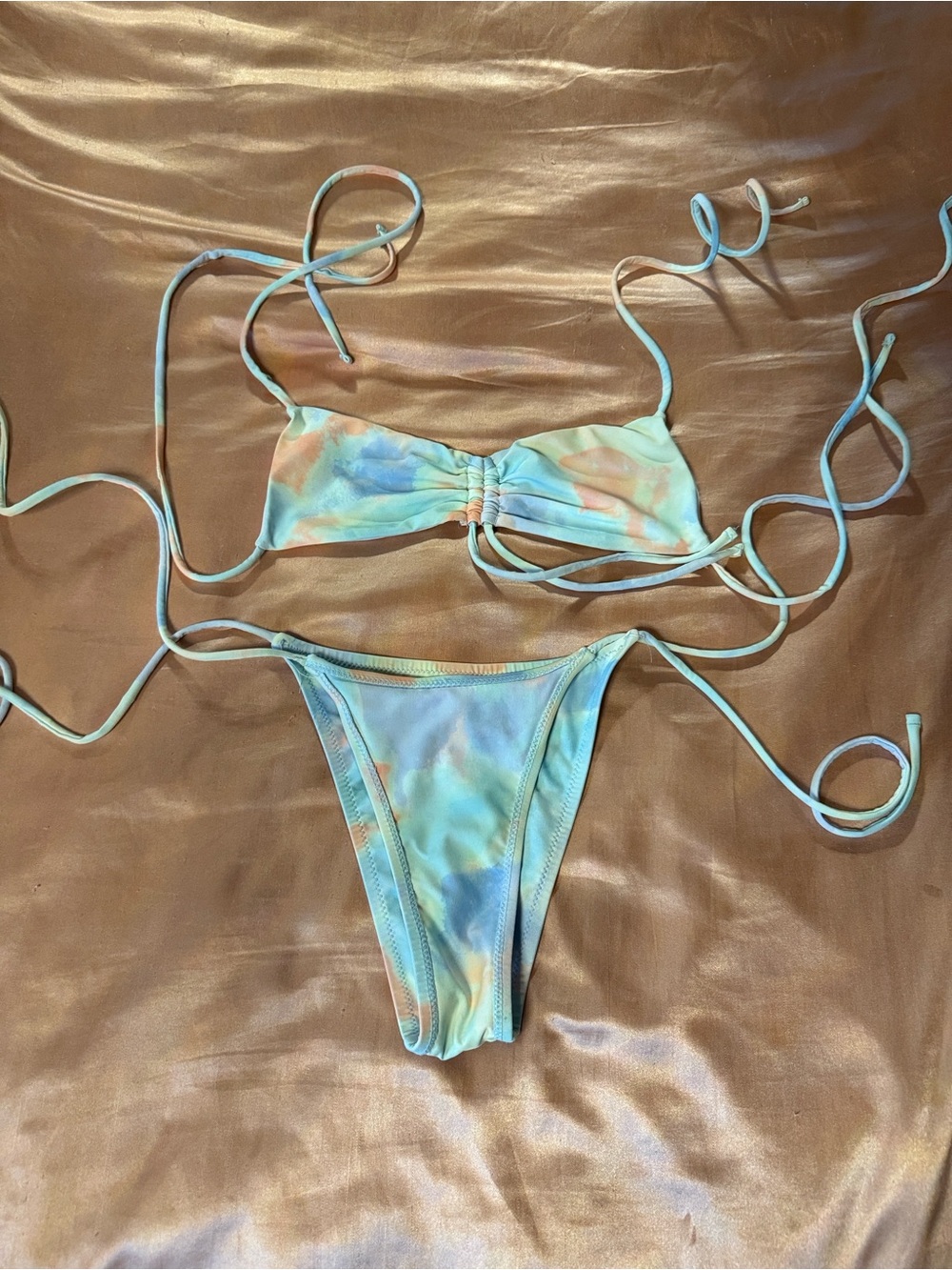 Tie-Dye Pastel Blue String Bikini Top & Bottom Set